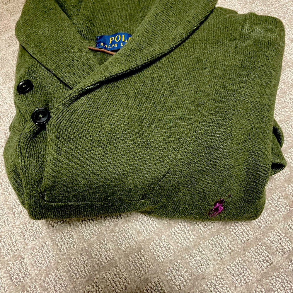 Mens L Polo Ralph Lauren Drab Green Cotton Cowl Neck Pull Over Sweater